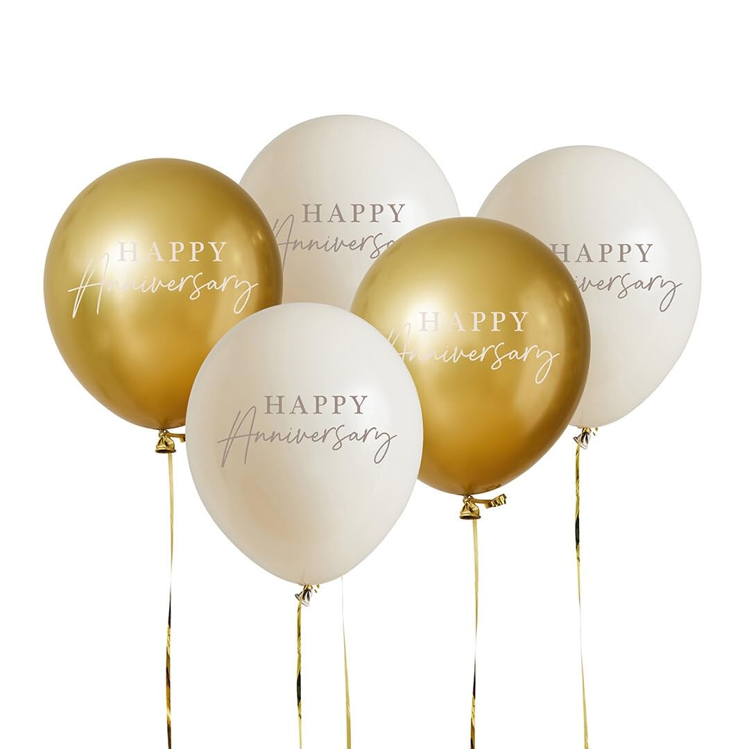 Anniversary 12" Latex Balloons - Gold and White - Pack of 5