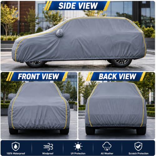 Image of Waterproof Car Cover for Amaze | Soft Cotton Lining Heavy Duty Triple Stitched Heat Resistant Outdoor Cover Comes with Mirror and Antenna Pocket Full Bottom Elastic (Zig Zag Grey)