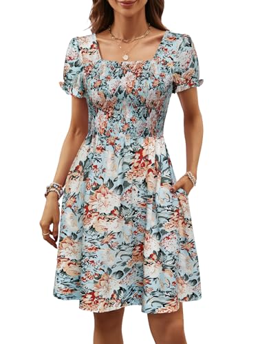 Image of Berydress Women's Summer Dresses 2026 Pockets Short Sleeve Square Neck Flowy A Line Casual Boho Smocked Mini Sun Dress