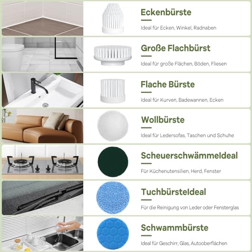 Elektrische Reinigungsbürste, Spin Scrubber für Bad, Schnurlose Reinigungsbürste mit 7 Reinigungsköpfen, 2 einstellbare Geschwindigkeiten, Druckerkennung, Led Anzeige Cleaningbrush für Tiefenreinigung
