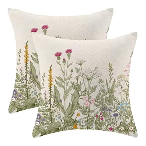 AEIOAE Spring Pillow Covers 18 X 18 Inch Set of 2, Farmhouse Wildflower Green Throw Pillow Covers Floral Plant Outdoor Decorative Pillows for Couch Home Sofa Living Room Cover