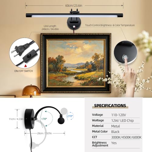 Image of Plug in LED Light Panels Bar 24 inch Vanity Lights Matte Black Bathroom Vanity Light Rotatable Head Bathroom Lighting Fixtures Over Mirror 3CCT Dimmable Wall Sconce Picture Lamp