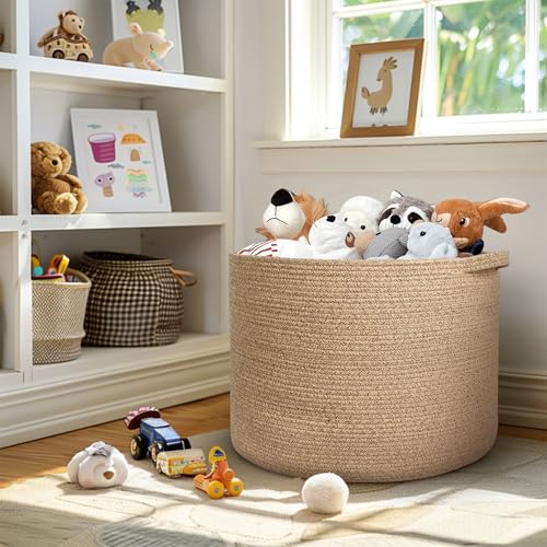 Image of MEGASKET 115L Wicker Storage Basket, 23.6 inchx15.7 inch Woven Cotton Rope Basket, Giant Kids Dog Toy Bin Organizer, XXXL Blanket Pillow Holder for Living Room, Brown Variegated Wicker Baskets for Organizing