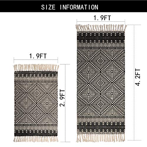 Famibay Cotton Boho Rug 2X3+2X4.2Ft Black And Cream Diamond Symmetry Kilim Printed Woven Area Throw Rug With Tassels Accent Small Boho Rug For Entryway Laundry Bedroom Dorm thumb #2