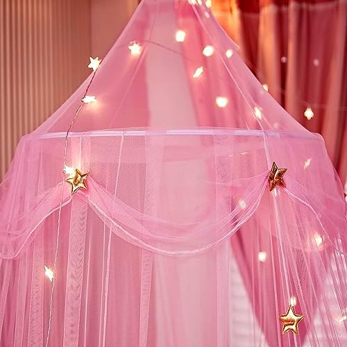 Princess Bed Netting Canopy Mosquito Net Bed Canopy for Girls Round Dome Bed Netting Canopy for Adults with Lights,White
