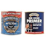 Hammerite 5158235 Metal Paint, Smooth Black, 1L & 5092844 Red Oxide Primer 500ml