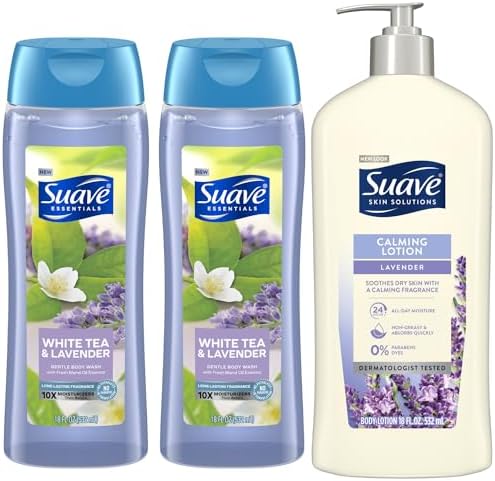 Suave Body Wash 2-Pack & Lotion Bundle – White Tea & Lavender Gentle Body Wash with Vitamin E + Lavender Calming Lotion, 18 Oz Ea
