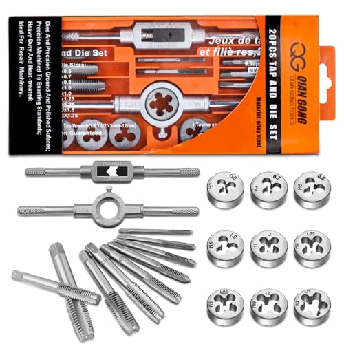 20 Stück Gewindeschneider, Legierter Stahl Gewindeschneidsatz M3-M12 Gewindebohrer Set Tap and Die Set mit Gewindebohrer Zubehör zum Schneiden von Außen und Innengewinden