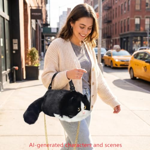 Image of Realistic Puffy Plush Cat Shaped Crossbody Handbag for Women