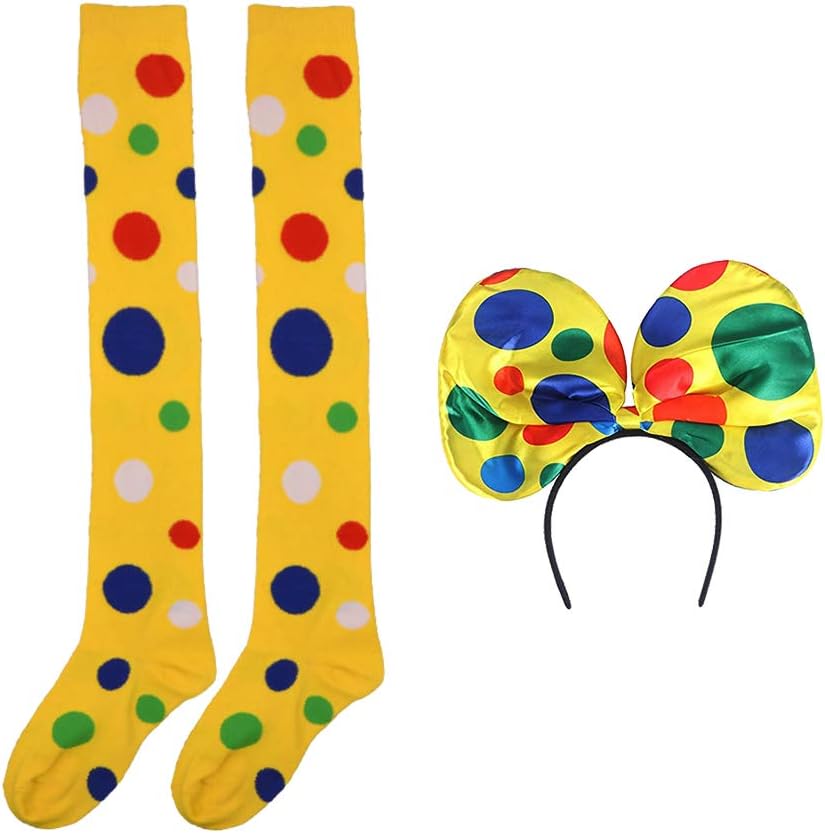 Clown Socks Long Knee High Socks Colorful Vibrant Dot Rainbow Socks with Clown Headband for Girls Women Halloween Carnival Circus Stage Costume