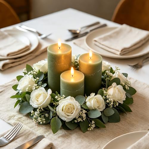 Image of Olive Green Flameless Pillar Candles, Real Wax LED Candles with Remote & Timer, Battery Operated Decorative Candles for Aesthetic Home Decor, Set of 3