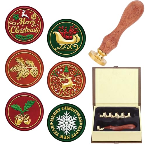 CRASPIRE 6 Style Merry Christmas Wax Seal Stamp Set Brass Sealing Stamp Heads+1pc Wood Handle Removable Kit for Pine Cone Snowflake Reindeer Sleigh Holly Party Envelope Invitation DIY Craft Gifts Wrap