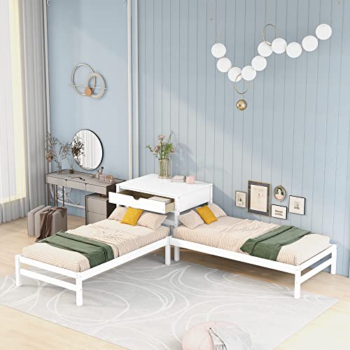 2 Twin Beds Frame L Shaped Platform Beds for 2, Wooden Twin Corner Beds with Table for Kids Teens, White