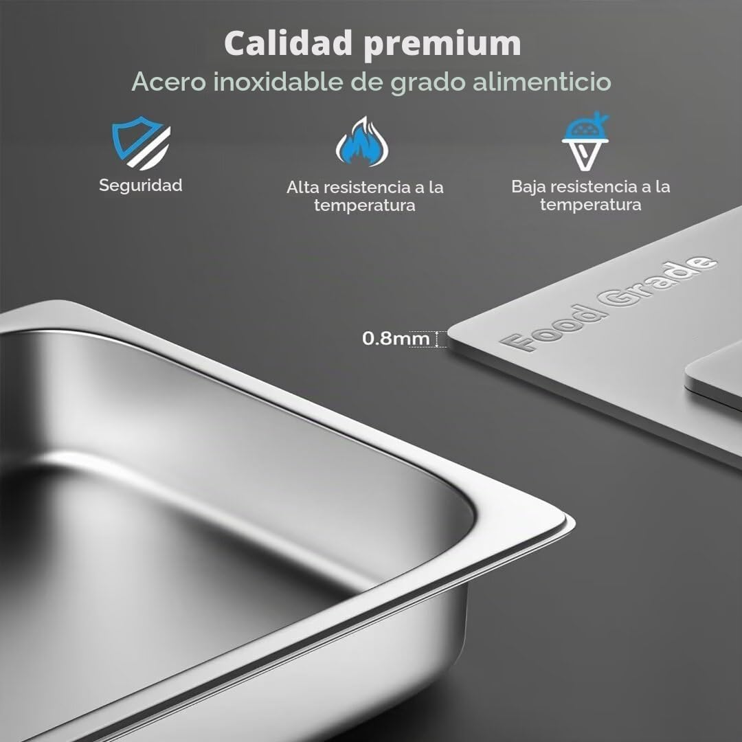 3 recipientes de acero inoxidable 1/3 con tapa, 65 mm de altura, recipiente para alimentos apto para alimentos, recipientes gastronorm de acero inoxidable, resistentes al calor, 32,6 x 17,8 x 6,5cm