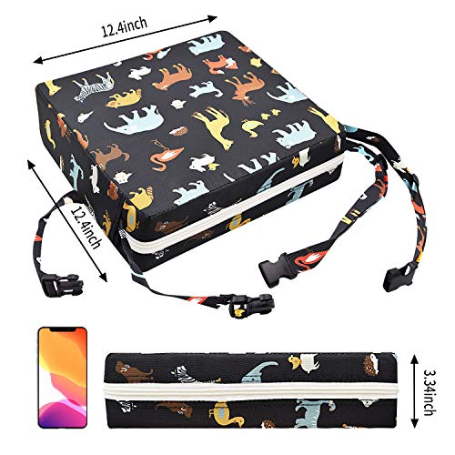 Image of Toddler Booster Seat Dining, Cartoon Canvas Washable 2 Straps Safety Buckle Kids Booster Seat for Dining Table, Portable Travel Increasing Cushion (Elephant-Black)