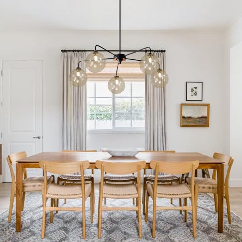 Image of 5 Light Black Sputnik Chandelier Mid Century Modern Chandelier with Cognac Clear Glass Globe Shade Pendant Light for Kitchen Dining Room