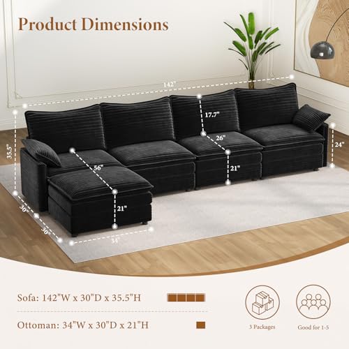 Image of Vesgantti 142 inch Cloud Couch Sectional Modular Sofa, Comfy Sectional Couch with Ottoman Deep Seat Corduroy L Shaped Sofa, Modular Couches for Living Room, Bedroom and Apartment, Black