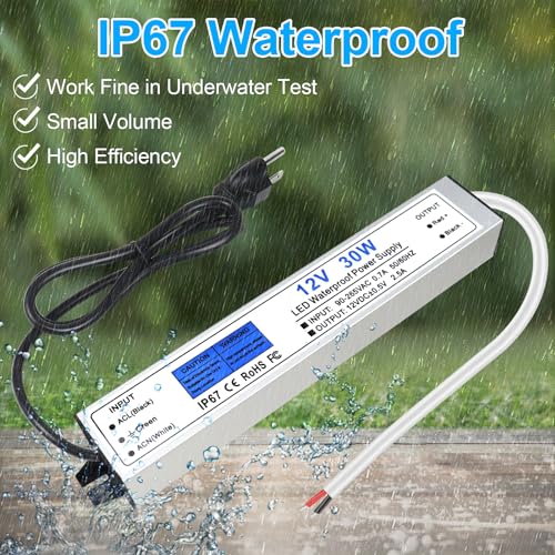 Image of LED Driver 30 Watts, IP67 Waterproof 12V Power Supply, AC 90-265V to DC 12V 2.5A Low Voltage Transformer with 3-Prong Plug 3.28ft Cable for LED Lights, Computer Project, Outdoor Use