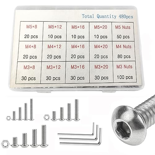 MRTURK REVHQ 480Pcs Grade 12.9 Nuts and Bolts Assortment Kit M3 M4 M5 Socket Head Cap Screws Set Alloy Steel Machine Screws and Nuts Silver with Wrench