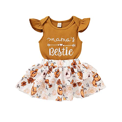 Infant Newborn Baby Girl Summer Skirt Sets Floral Sleeveless Romper Ruffle Tutu Dress 2Pcs Clothes Set (Brown, 3-6 Months)
