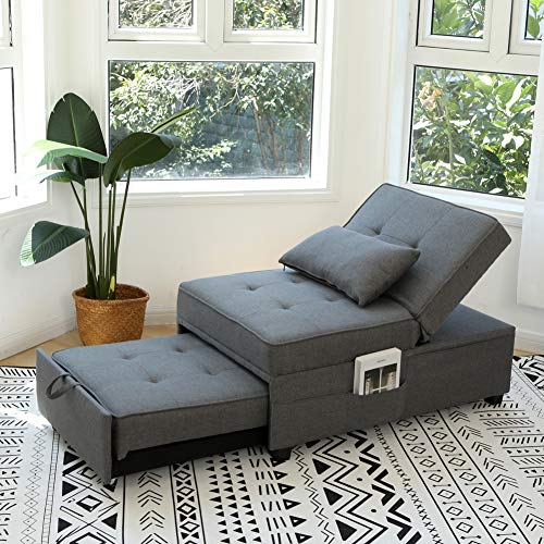 Zenosyne Sleeper Chair 4 In 1 Multi-Function Convertible Adjustable Guest/ Ottoman Bed With Linen Fabric Folding Futon Chair Lumbar Pillow For Living Room Bedroom（Grey） #TOP4