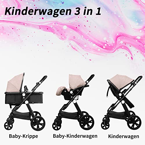 Kinderwagen 3 in 1, Combi Wandelwagen/Kinderwagen/0 tot 36 Maanden Baby/Tas/Mesh (kaki) - Afbeelding 5