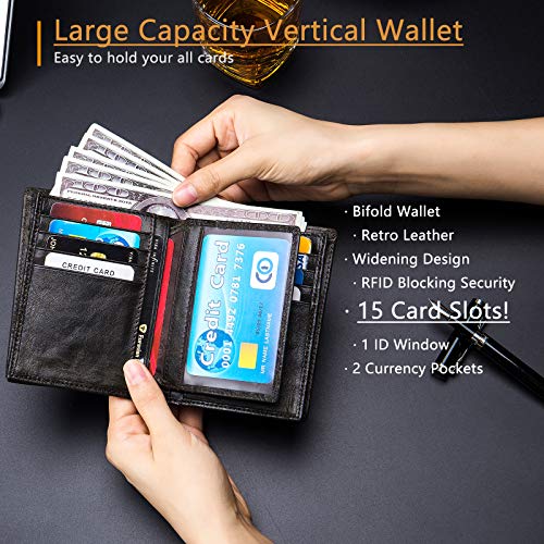 Image of BULLCAPTAIN Expanded Design Retro Leather Wallet for Men Women Large Capacity with 15 Card Slots RFID Credit Card Holder QB027YLW, Forest green, M, Retro