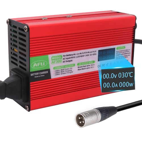 50.4V 4A Li-ion Charger 3pin XLR Plug with OLED Charging Display for 12S 44.4V Li-ion Battery Three-Stage Smart Battery Charger with Cooling System Safety Protection