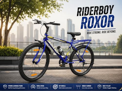 Image of RIDERBOY ROXOR 26T IBC Premium City Bike Cycle for Men & Boys with Inbuilt Carrier, Single Speed Bicycle with Rigid Frame, 18 Inch Frame, Cotton Tyre.(Blue)