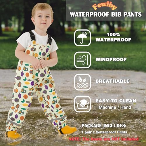 Image of Toddlers Waterproof Rain Bib Pants, Boys Girls Rain Pants Kids Cartoon Rain Trousers Lightweight Mud Pants Rainwear