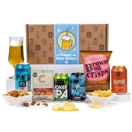 Craft Beer IPA Gift Set Happy Birthday Hamper with 4 IPAs & Snacks Birthday Gift for Men