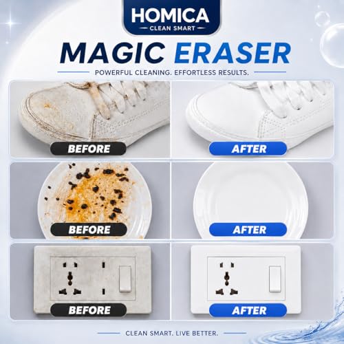 Image of Pack of 4 Homica Magic Eraser Cleaning Sponge | Chemical-Free Multi-Purpose Cleaning Sponge | Just Add Water | Removes Marks, Stains | for Kitchen, Bathroom, Walls, Shoes & Appliances