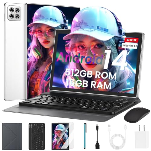 Tablet, Tablets Android 14 de 10.1", 16GB RAM 512GB ROM 1TB Expandible, Octa-core 2.0GHz, 1280x800 IPS HD, Tableta con Cámara Dual de 5MP + 8MP, 8000 mAh Batería, 2026 Tablet con Lapiz, Teclado, Ratón