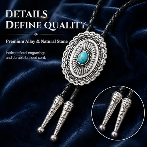 Image of Turquoise Bolo Tie for Men, Leather Braided Necktie Western Cowboy Bola Tie Costume Accessories for Men Women