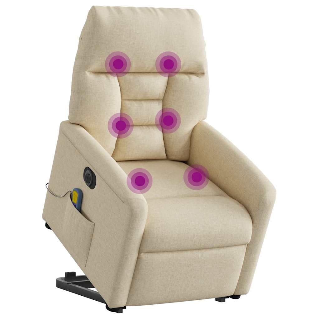 Elektrischer Massagesessel mit Aufstehhilfe cremefarben, Stoffbezug, verstellbare Rückenlehne und Fußstütze, 6-Punkt-Vibrationsmassage, Stabiler Holz- und Metallrahmen