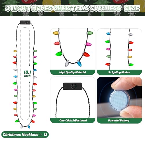 EOBOH Light up Christmas Necklace, 4pcs Xmas Bulb Necklaces Accessories Bulk, Colorful Glow 3D Xmas Bulb Necklaces Decor, 3 Modes Light Necklace Decor for Ugly Sweater New Year Family Party Supplies