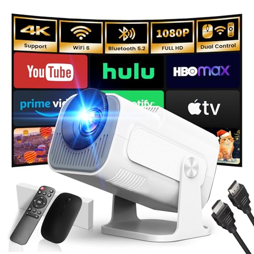 [App Integrada] 2025 Upgraded Proyector Portátil 1920x1080P 4K Supote Videoproyector Dual Control TV WiFi 6 BT5.2 180° Rotation Compatible con HDMI/TV Stick/USB/Laptop, Blanco
