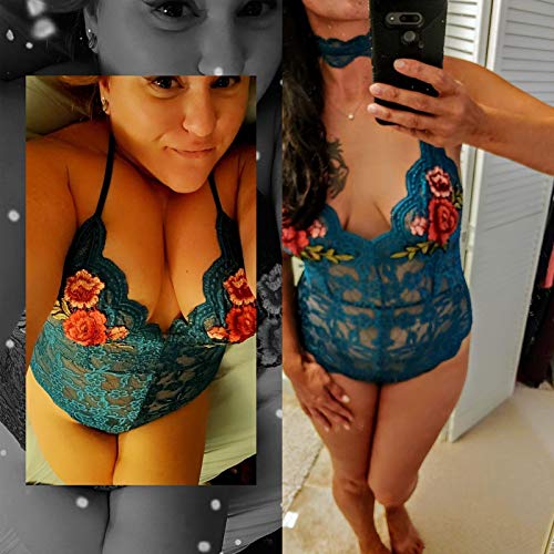 ADOME Women Lingerie Teddy Choker Lingerie One Piece Babydoll Lace Bodysuit(Blue Green,XL)