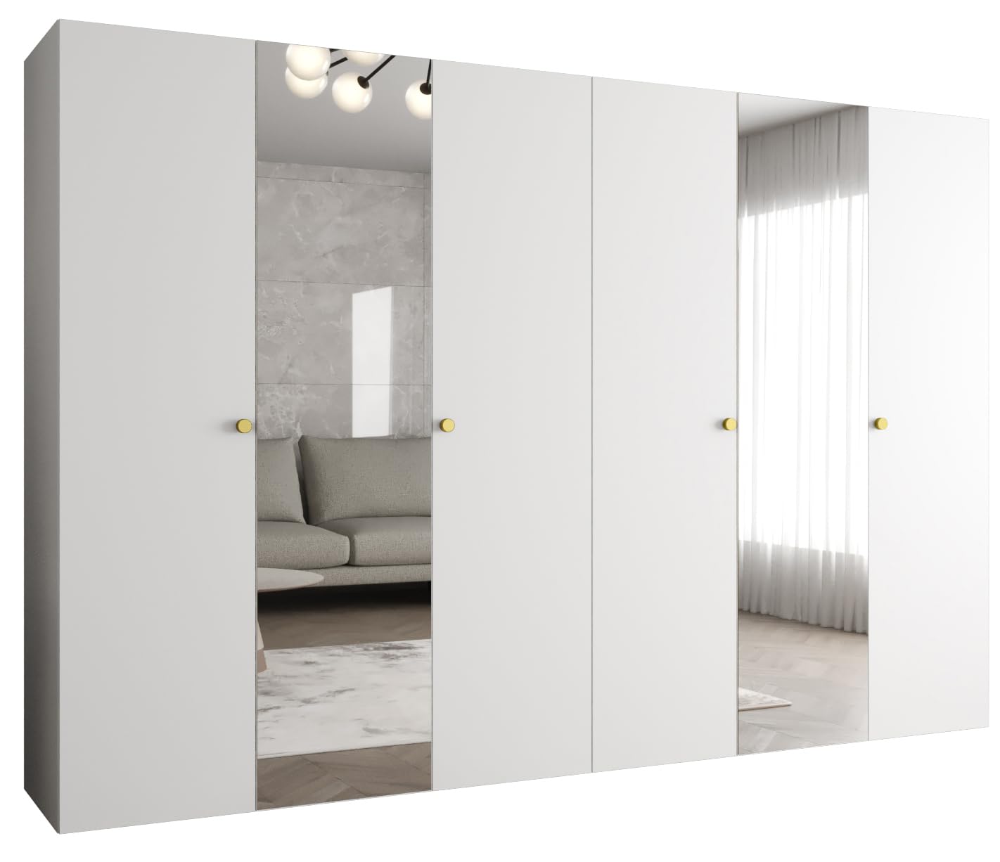 MEBLE KRYSPOL - Kleiderschrank - Garderobenschrank - 300 cm x 202 x 52 cm - Schrank mit Kleiderstange und Spiegel, 6 Türen - für Schlafzimmer, Flur - Parma, Weiß, Griff Gold