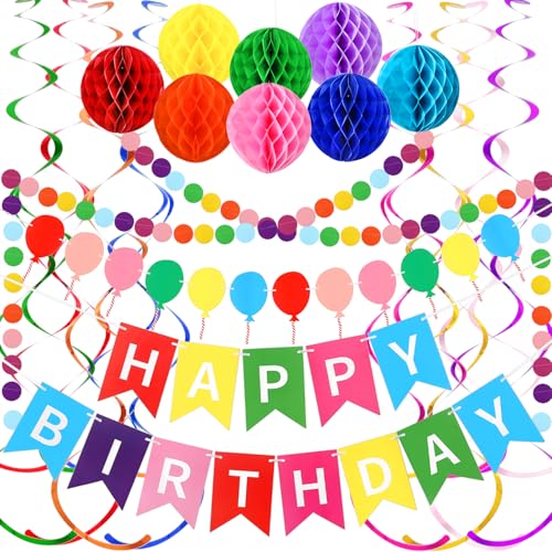 Rainbow Birthday Party Decorations, Rainbow Banner, 8pcs Paper Honeycomb Balls,