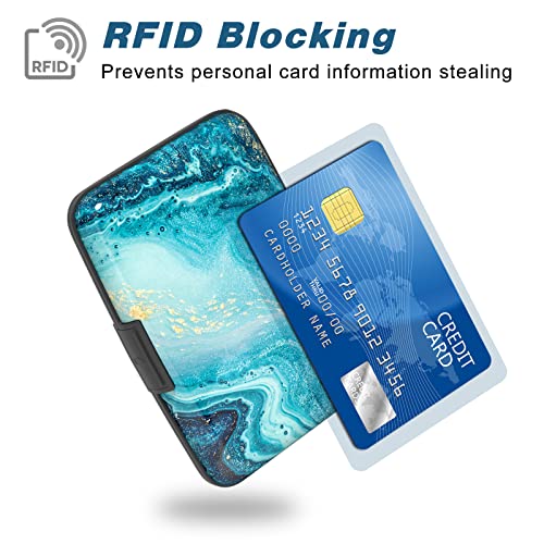 Image of Credit Card Holder, Mini Aluminum Card Wallet RFID Blocking Slim Metal Hard Card Case for Women Men, Blue Ocean Marble