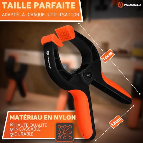 WERKHELD® Lot de 10 pinces de serrage rotatives en nylon avec ressort en carbone et poignées caoutchoutées - Pincettes 7 cm et forte tenaille – vue 3
