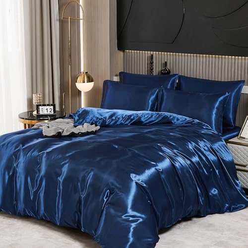 Guchuang Bedding Silk Satin Complete Bedding Set 6 Pieces Navy Blue Double Size Duvet Cover Luxury Shiny Ultra Soft Microfiber Quilt Cover 200x200cm with 1 Fitted Sheet, 4 Pillowcases