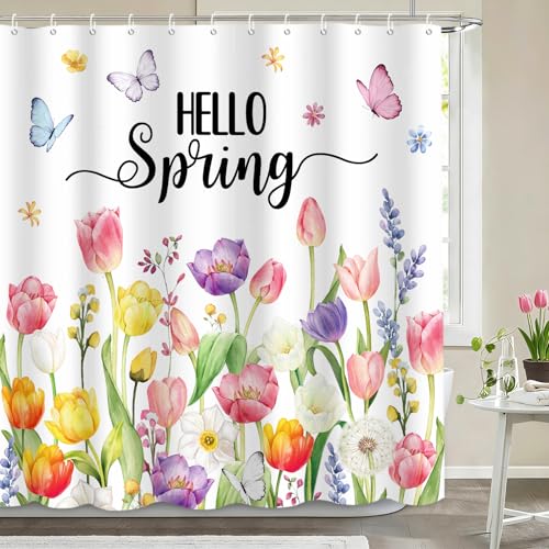 MEHOFOND Tulip Hello Spring Shower Curtain Spring Floral Shower Curtains for Bathroom Colorful Tulip Flowers Shower Curtain Bathroom Decor Sets with 12 Hooks Durable Polyester Fabric 72x72 in