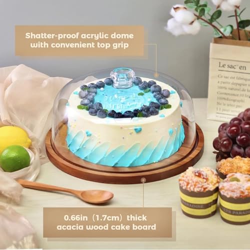 Image of Wooden Cake Stand with Acrylic Dome,Serving Cake Plate with Dome Lid, Dessert and Cupcake Display Stand, Pastry Stand,Round Cake Cutting Holder (11 x 4.5 inch) (Wooden Base)