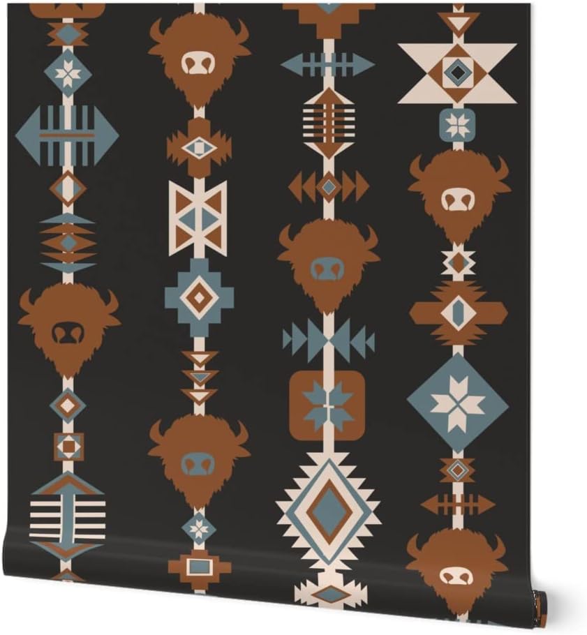 Spoonflower Removable Wallpaper 12ft x 2ft - American Tribal Black Cowboy Bull Ethnic Head Custom Pre-Pasted Wallpaper