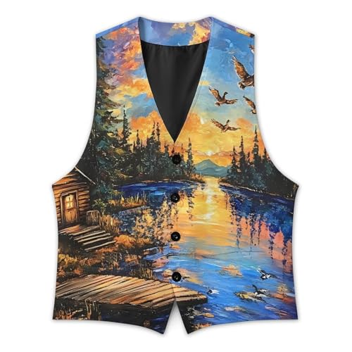 Lake Wooden House Ducks At Sunset Men's Formal Suit Vest for Business Formal Or Casual Dress Waistcoat Wedding3