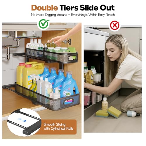 Image of 2 Pack 21.3IN-Depth Under Sink Organizer with Smooth Cylindrical Rail,2-Tier Pull Out Multi-Purpose Cabinet Storage for Bathroom&Kitchen,Height Adjustable,Rust-Resistant Coating-Black