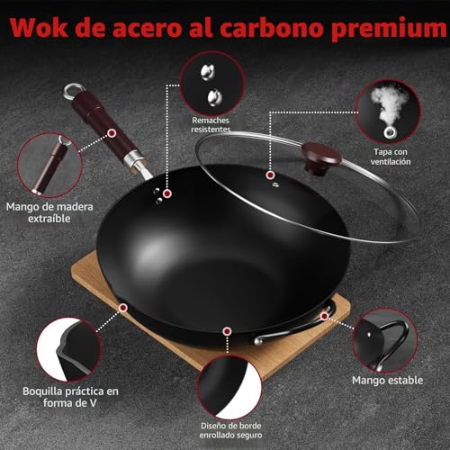 Miniatura 6 de Jobin 32 Cm 12,6 Wok De Acero Al Carbono Con Tapa, Asas De Madera Y Acero, Puede Cocinar Platos Asiáticos Para 3-5 Personas - Fondo Plano
