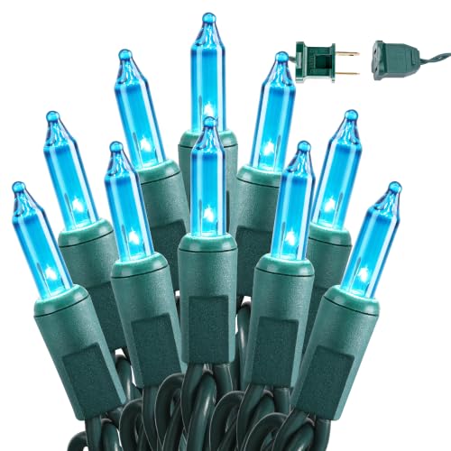 Image of BrizLabs Teal Christmas Lights Outdoor 100 Count 19.7ft Incandescent Christmas Lights Connectable Clear Light String UL Certified Xmas Mini Light Set Green Wire for Indoor Outdoor Tree Holiday Party
